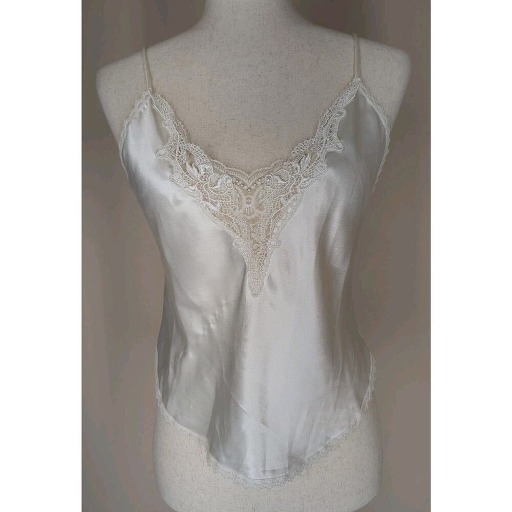 Vintage Indulgence Ivory Satin Lace and Pearl Trim Cropped Camisole Size 34 USA